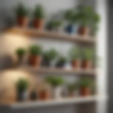 Artful Arrangement of Leafy House Plants A beautifully arranged shelf featuring a variety of potted plants