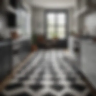 Elegant black and white geometric rug enhancing a modern kitchen space