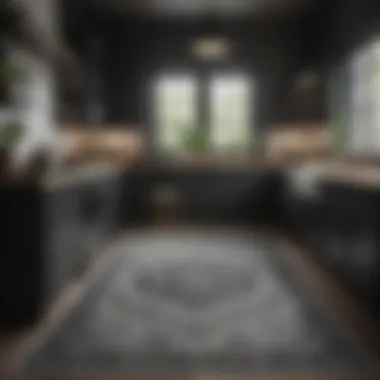 Luxurious black and white patterned rug complementing rustic kitchen decor