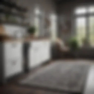 Stylish Farmhouse Integration Stylish black and white rug integrated with farmhouse kitchen elements