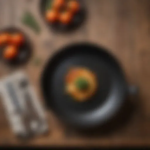 A stunning view of a large cast iron skillet on a rustic wooden table, showcasing its design and texture.