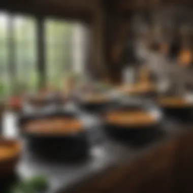 Versatility of Large Cast Iron Skillets in Culinary Applications An expansive kitchen scene featuring various dishes being prepared in large cast iron skillets, highlighting their versatility.