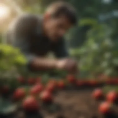 A gardener inspecting healthy strawberry foliage