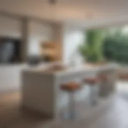 Sleek thin kitchen island design with integrated seating