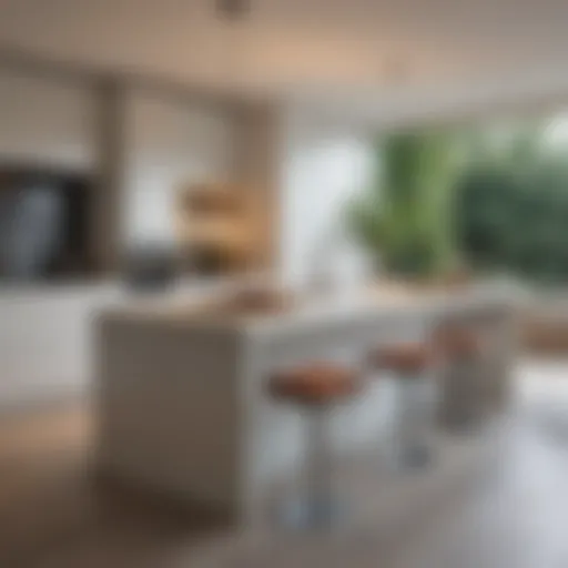 Sleek thin kitchen island design with integrated seating