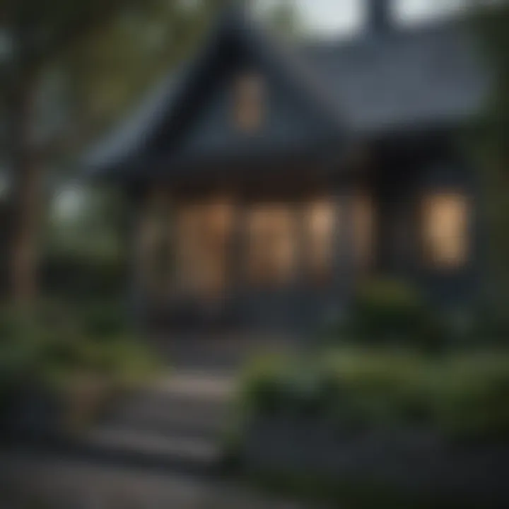 A cozy cottage with dark grey exterior paint, surrounded by lush greenery, illustrating a classic architectural style.