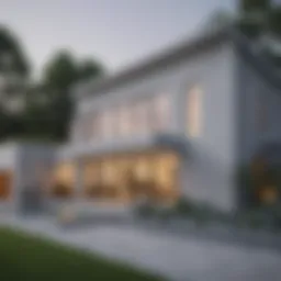A serene exterior of a modern home painted in light grey, showcasing a minimalist design with elegant landscaping.