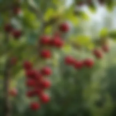 A close-up of cherry fruits on the tree, emphasizing the connection between tree size and fruit yield.