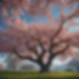 A majestic cherry tree in full bloom, showcasing its vibrant blossoms against a clear blue sky.