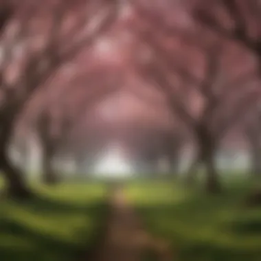 A dense cluster of wild cherry trees in a natural setting, highlighting their varied heights and shapes.