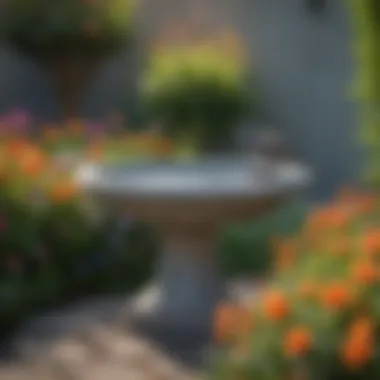 A beautifully designed extra large concrete bird bath surrounded by vibrant flowers.