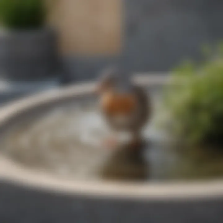 Close-up of a bird bathing in a large concrete bird bath, showcasing the water ripples.