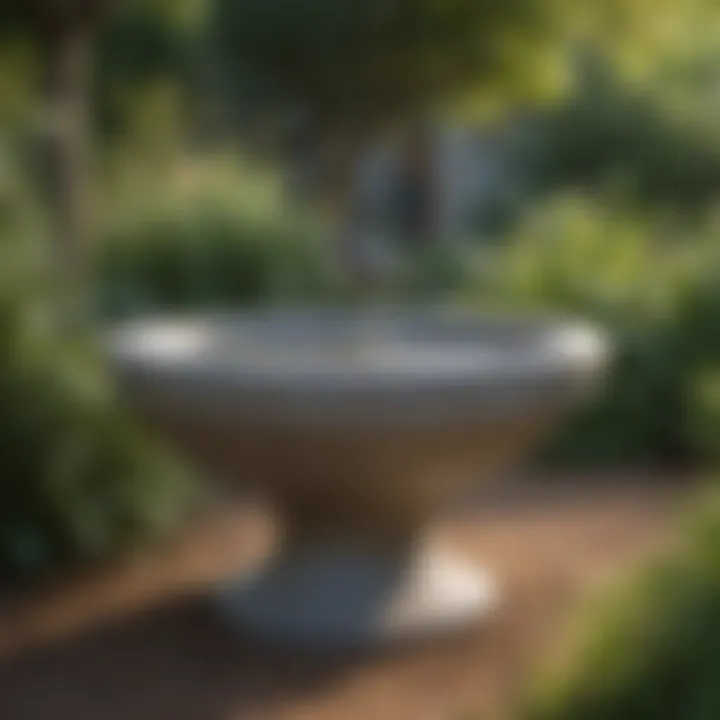 Variety of extra large concrete bird baths displayed in a garden setting.