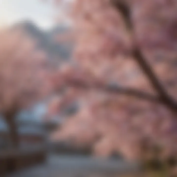 A vibrant cherry blossom tree in full bloom, enhancing the landscape's beauty.