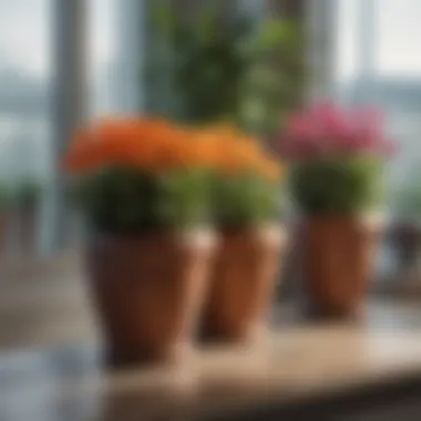Charming Indoor Flower Pot Display An elegant indoor setting featuring a variety of flower pots with blooming plants.