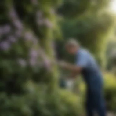 A gardener tending to clematis vines in a Zone 4 garden