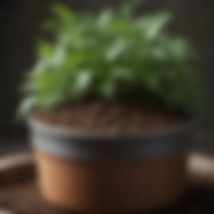 Close-up of rich soil mix in a pot for herbs