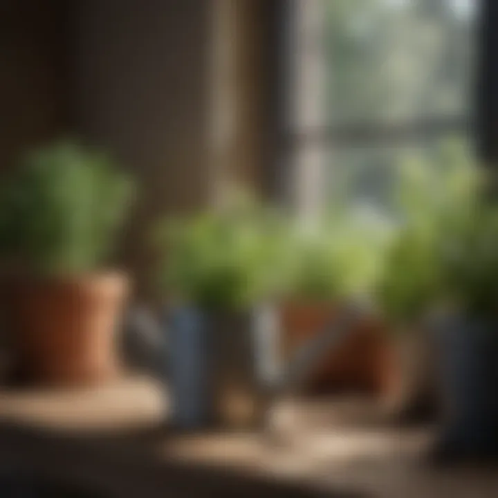 Watering herbs with a stylish watering can