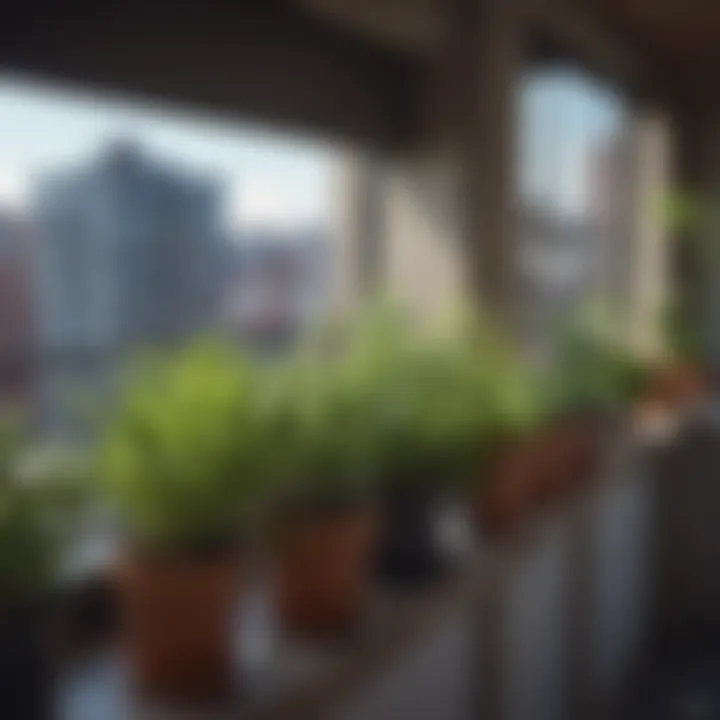 A vibrant herb garden in pots on a balcony