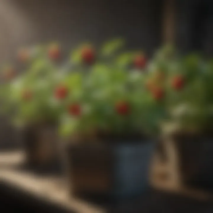 Close-up of healthy strawberry plants in containers