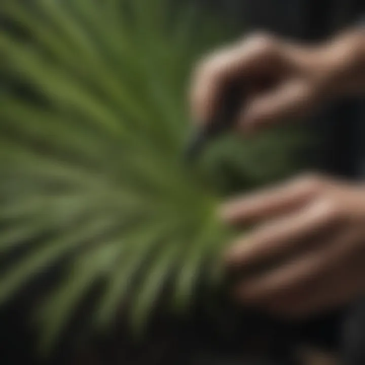 Close-up of palm frond being carefully trimmed