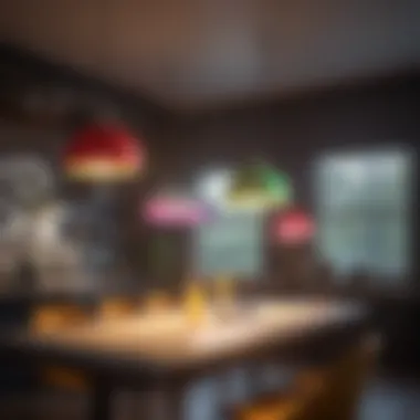 Vibrant Colorful Pendant Lights in a Creative Workspace Colorful pendant lights adding vibrancy to an office