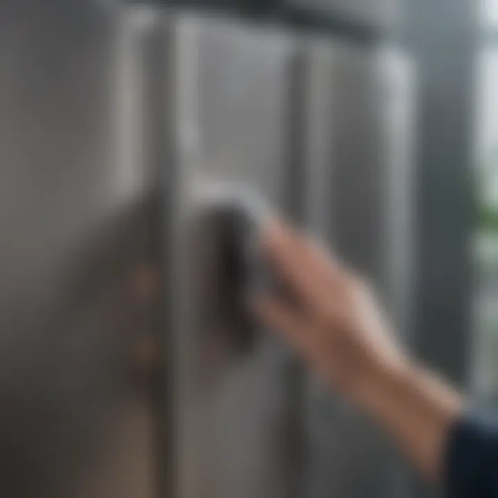 A microfiber cloth being used to wipe down a stainless steel refrigerator