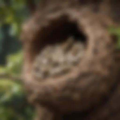 Close-up of a wasp nest in a tree