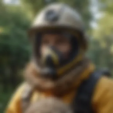 Safety First: Protective Measures Person wearing protective gear while inspecting a wasp nest
