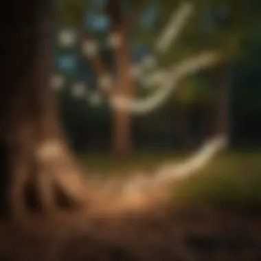 String Lights Draped Between Trees A detailed view of string lights artfully draped between trees