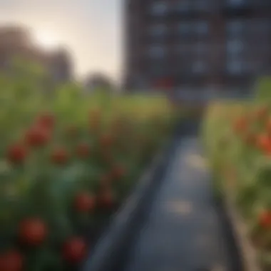 Urban rooftop garden flourishing with tomato plants