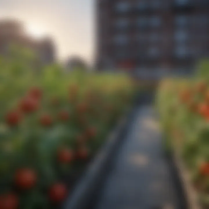 Urban rooftop garden flourishing with tomato plants