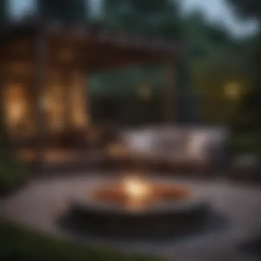 Cozy evening setting with glowing firepit and seating area