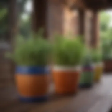 Charming ceramic pots displaying colorful herbs on a patio