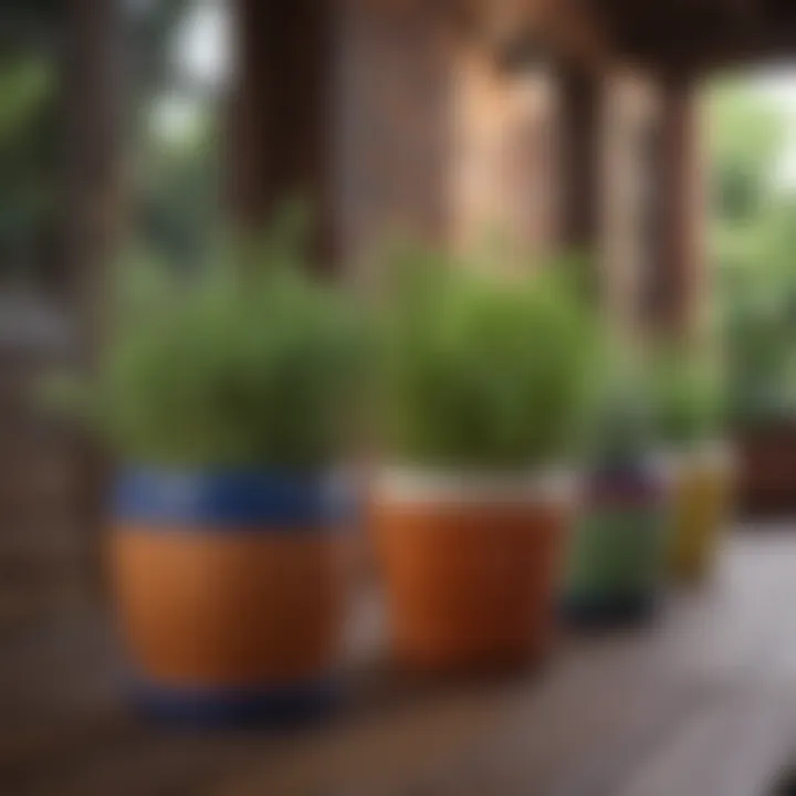 Charming ceramic pots displaying colorful herbs on a patio