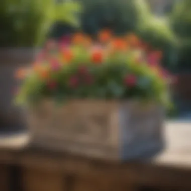 Upcycled Wooden Planters Creative upcycled wooden planters adorned with vibrant flowers
