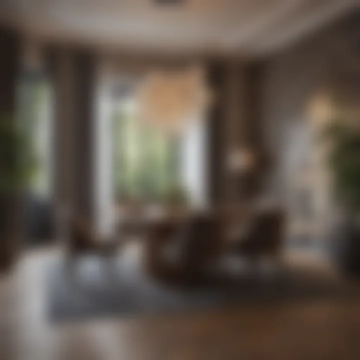 An elegant dining area featuring textural contrasts with natural materials and contemporary lighting fixtures.