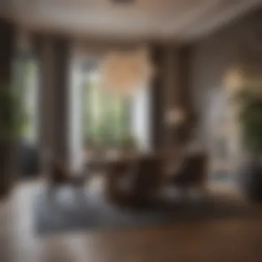 Elegant Dining Area Design An elegant dining area featuring textural contrasts with natural materials and contemporary lighting fixtures.