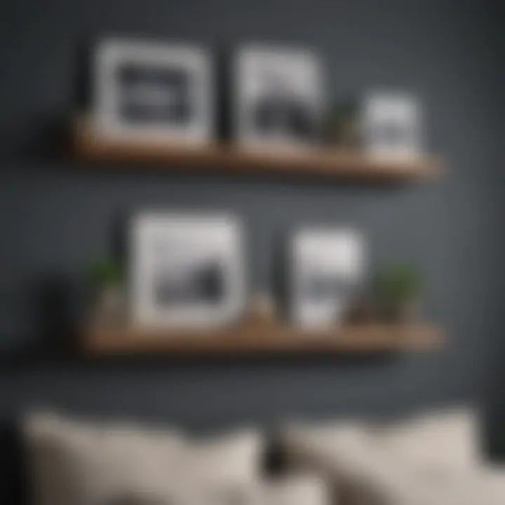 Unique floating shelves displaying framed photos and decorative items