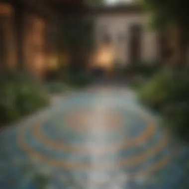 Charming patio featuring mosaic tile designs amidst greenery.