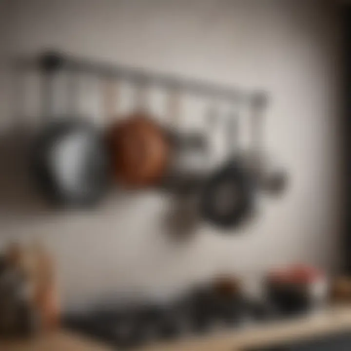 A creative wall-mounted rack for hanging pots and pans.