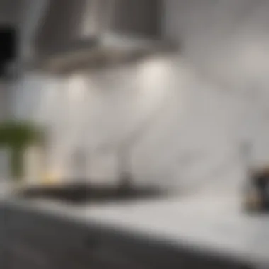 Sleek Marble Backsplash Sleek white marble backsplash enhancing a minimalist kitchen design