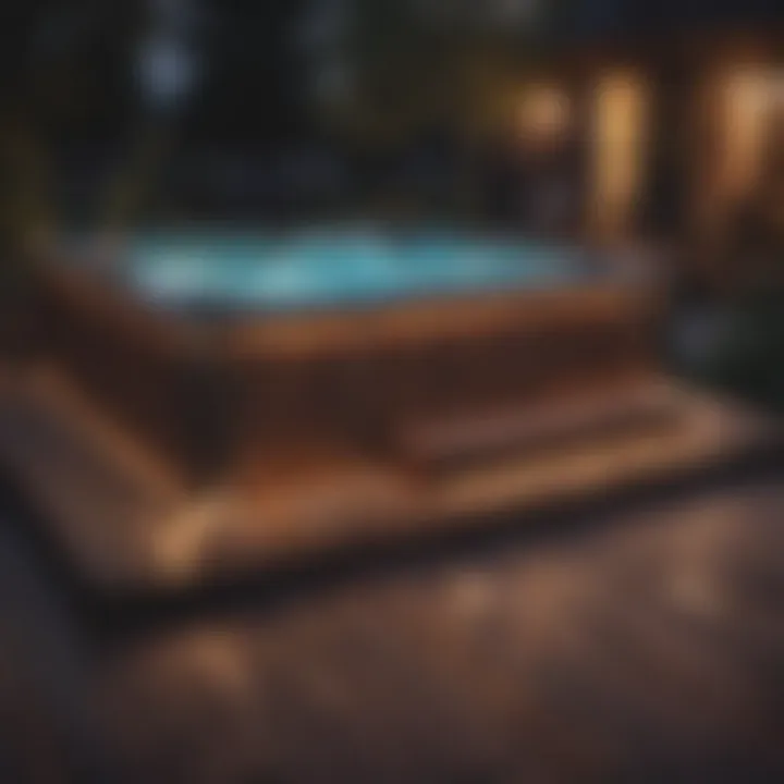 Close-up of a hot tub with integrated lighting and wooden deck surrounding.