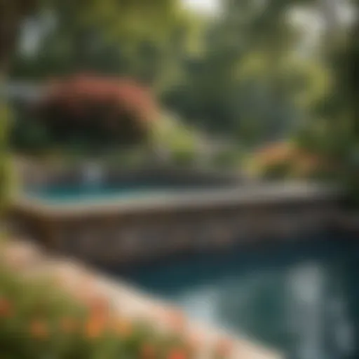 A beautifully landscaped space around an above ground pool featuring colorful flowers and greenery.