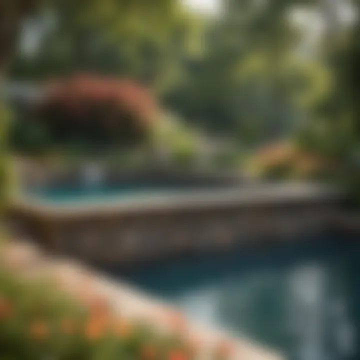 A beautifully landscaped space around an above ground pool featuring colorful flowers and greenery.