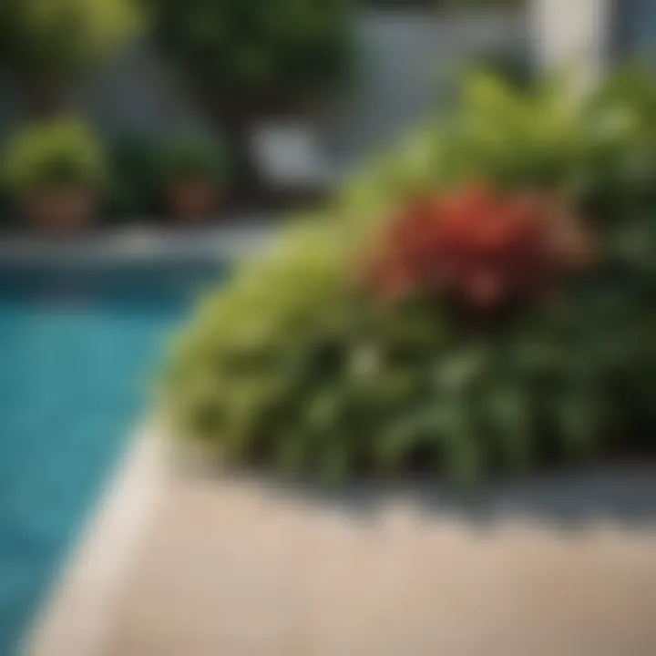 A close-up of unique plant selections that thrive around an above ground pool.