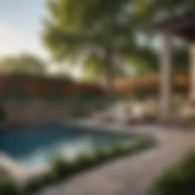 Inviting Outdoor Lounge A cozy seating area surrounded by an above ground pool and decorative hardscaping elements.