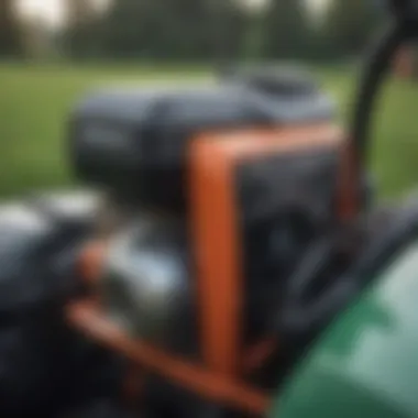 Close-up of the engine and control panel of a riding mower