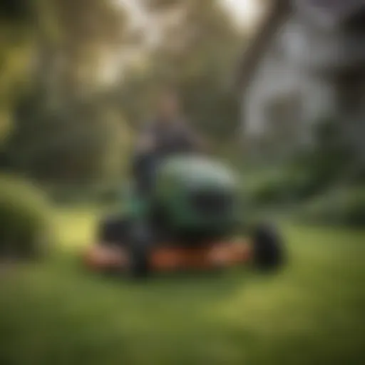 A large deck riding mower navigating a lush lawn