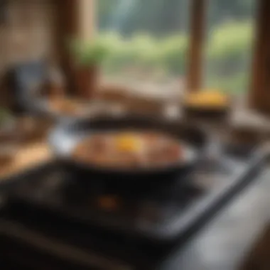 A Lodge frying pan placed on a stove with vibrant ingredients around